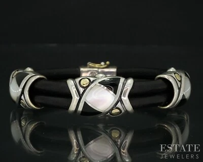 18K & Sterling Eric Grossbardt Onyx MOP Inlay Leather Bracelet 26.4g i18159 - Image 1 of 4