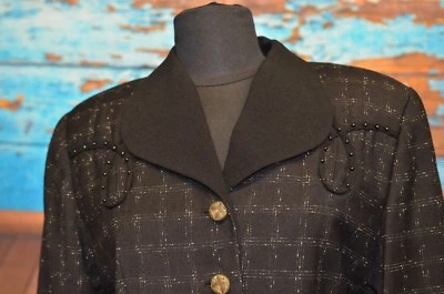 Jaqueta Blazer Zelda Tamanho 6 100% Lã Xadrez Botão Frontal Feita EUA Contas Apliques - Imagem 1 de 4