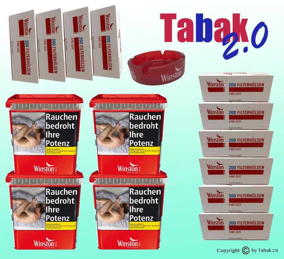 Winston Classic Tabak Red Giant Box 4 x 165 g plus 2000 Hülsen, Aschenbecher - Bild 1 von 1