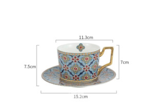 Moroccan Pattern Print Ceramic Tea Cup & Saucer Set with Gold Handle 250ml Gift