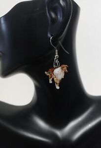 Hand Blown Glass Collie Dog Drop Earrings Pierced Amber & White 1.25" Vintage 