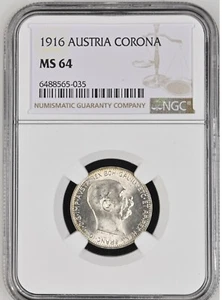 AUSTRIA 1 Corona 1916, NGC MS 64 Choice UNC, Blast White Full Luster,   ..A23 - Picture 1 of 2