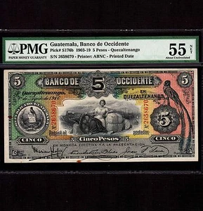 Guatemala 5 Pesos 1916 P-S176b * PMG AU 55 net * - Picture 1 of 2