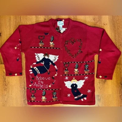 Christmas Sweater The Quacker Factory Believe In Angels Embroidered Cardigan L - Image 1 of 4