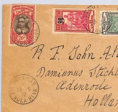 FRENCH POLYNESIA Cover *ILE NUKA HIVA* 1932 CDS Tahiti France Cols Holland YF182 - Image 1 of 4