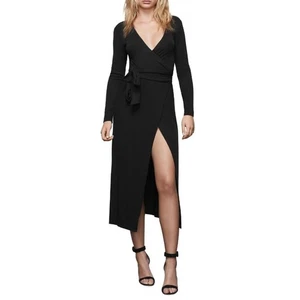 Good American Gr. M schwarz Tag Nacht gerippt Midi Wickelkleid lässig vielseitig neu mit Etikett - Bild 1 von 14