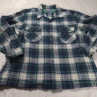 VTG 70s Pendleton Green Plaid Wool Loop Flap Pocket Board Shirt USA XL Camp - Image 1 of 4