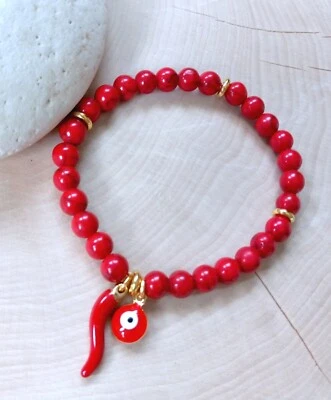 Pulsera de cuentas de cuerno rojo, Cornicello italiano, rojo negro mal de ojo, cuerno de diablo, delgada Foto 1 de 4