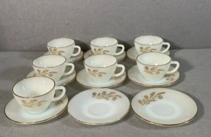 Vintage 7 Federal Glass Meadow Gold Cup & Saucer Milk Glass Gold Trim Heat Proof - Picture 1 of 13