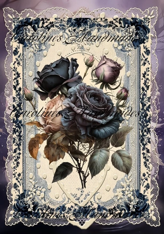 Dark Color Roses & Lace Designer Cotton Fabric Quilt Block Multi-size - Image 1 of 1