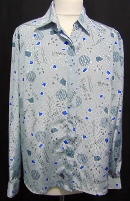 Vintage 1980s blouse silver grey/blue abstract print sateen shirt fits size 16 - Image 1 of 4
