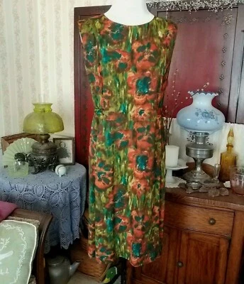 Handmade Dress beautiful green & orange colorful floral print size S/M vintage - Image 1 of 4