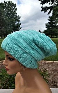 Mint Green Slouchy Hat Hand-Knitted - Picture 1 of 4