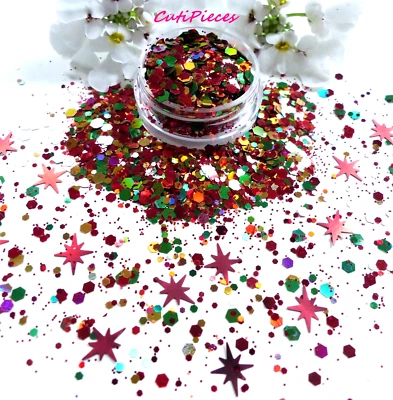 Nail Art Glitter *TinSel* Green Gold Red Holographic Hex Exploding Star 5ml Pot