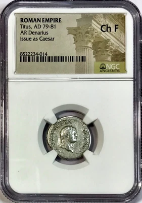 79-81 dC Tito como César Antiguo Denario de Plata Romano Roma 77-78 dC NGC F Fino Foto 1 de 4