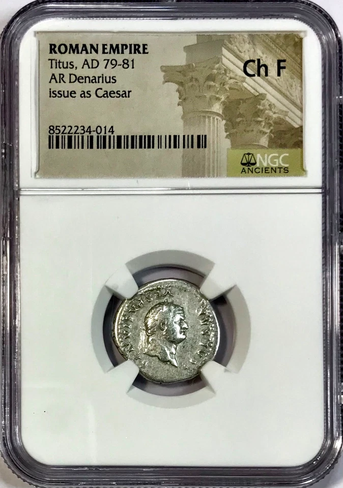 79-81 AD Titus As Caesar Ancient Roman Silver Denarius Roma 77-78 AD NGC F Fine - Imagem 1 de 4