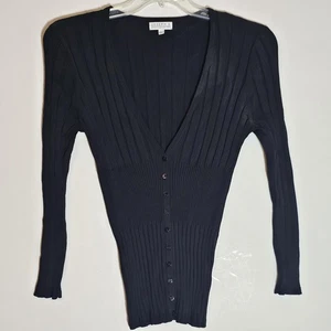 Joseph A. Sweater Womens Large Black Ribbed Button Front V Neck Stretchy Top - Picture 1 of 10