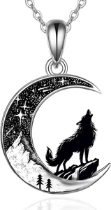 Howling Wolf Crescent Moon Pendant Necklace for Women 925 Sterling Silver Gifts - Picture 1 of 4
