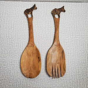 Zebra Wood Carved Salad Serving Spoon & Fork Set 12" Africa - Picture 1 of 9