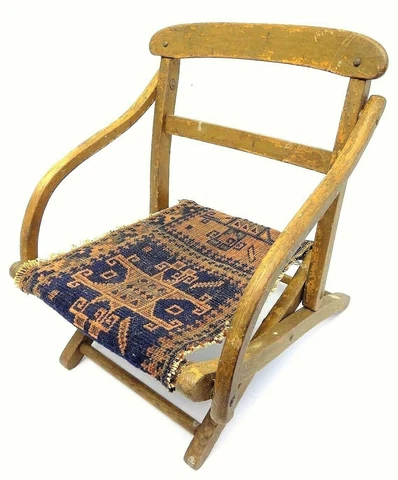 Blue & Red Oriental Prayer Rug Seat Kids Children's Chair Antique Wood Wooden Cover