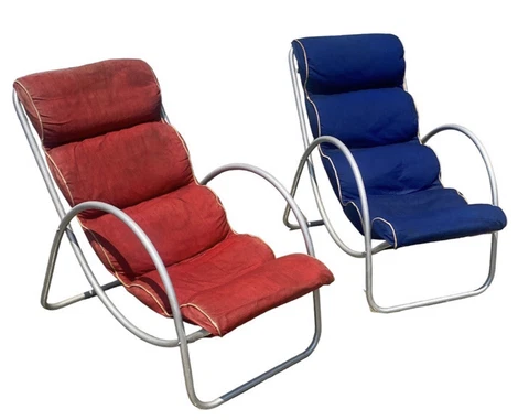 RARE Antique ART DECO 1930’s HALIBURTON Aluminum Red & Blue Sling Lounge Chairs Cover