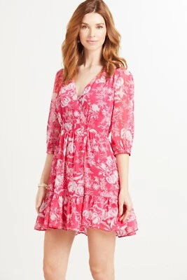 BA&SH $345 Vestido Real Envolvente Forrado Rosa Blanco Ikat Floral Informal Dama Talla Pequeña Foto 1 de 4