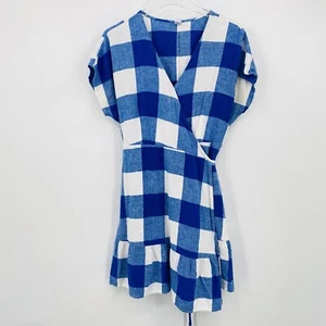 Old Navy Size Large Petite LP Blue & White Plaid Linen Summer Wrap Dress - Picture 1 of 9