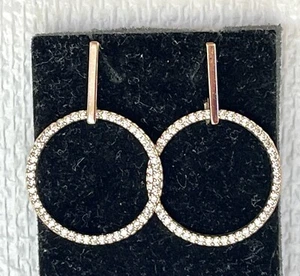 Rhinestone Circle Drop Earrings Gold-toned, Dangle Bling Pierced Stud - Picture 1 of 5