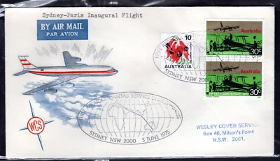 Australia 1975 30c QANTAS 10c bobina Sydney a París correo aéreo WCS cubierta de vuelo Foto 1 de 3