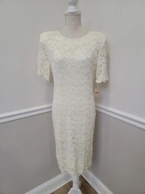 复古 80 年代休闲转角蕾丝象牙紧身连衣裙 / 12 码 / 婚礼 / 新娘 全新带标签 — 第 1/4 张图片