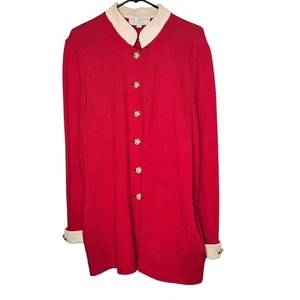 St. John Collection Vintage Santana Knit Cardigan Button Front Red Cream Size L - Picture 1 of 9