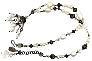Tres Jolie Sterling 18-19.5" Necklace AB Crystal Pearl MOP Fringe Pendant 31g - Picture 1 of 5