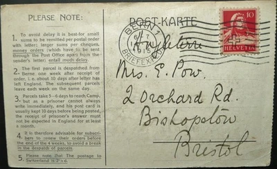SUIZA DIC 1915 PRIMERA GUERRA MUNDIAL PRISIONERO DE GUERRA BRITÁNICO POSTAL DE BERN A INGLATERRA Foto 1 de 2