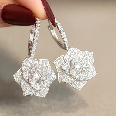 Lab Created Diamond 14K White Gold Over Flower Dangle Earrings for Women Gift - Image 1 of 4