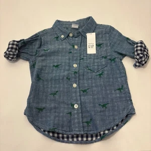 Baby Gap Dinosaur 12-18 month NWT Button-Up Shirt Roll-Tab Sleeves Chambray - Picture 1 of 4