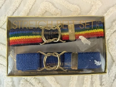 Conjunto De Colección Años 70 Arco Iris Rayas y Azul Cinturón Elástico Enclavado Latón Hebilla Chapada Foto 1 de 4