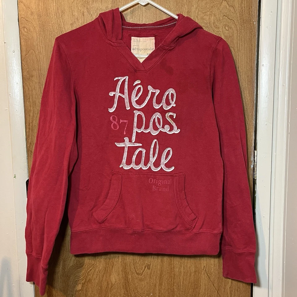 Aeropostale Niñas Pullover Sudadera con Capucha Talla M Rojo Plata Brillo Logo Foto 1 de 4