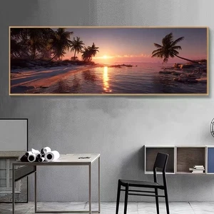 Panoramic View Tropical Sunset with Palm Trees Canvas Print Wall Art Home Decor - Picture 1 of 6