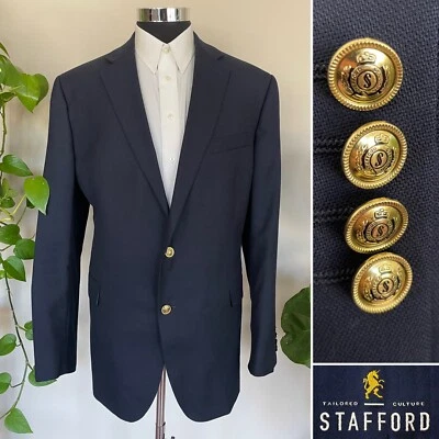 Stafford Executive Mens Gold Buttons Blazer Navy Blue Wool Sport Coat Jacket 48L - Image 1 of 4