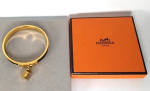 Hermes Kelly Lock Cadena Gold Tone Black Bangle Bracelet 7.5" with Box - Picture 1 of 21