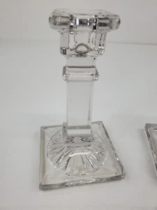 Square Base Clear Glass 5 3/8" Tall Candlesticks - Picture 1 of 5