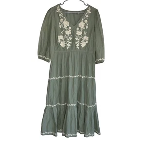 Lucky Brand salbeigrün/weiß Stickerei Landhaus Kern Stufen Midikleid Damen L - Bild 1 von 13