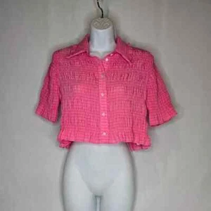 Sandro Janelle Stripe Smocked Cropped Blouse in Rose Bonbon, FR 2/ M, NWT $295 - Picture 1 of 8