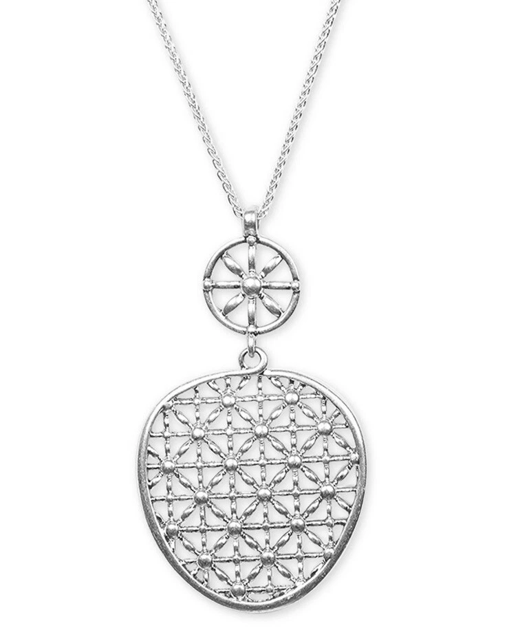 Lucky BRAND Silver-tone Floral Weave Openwork Pendant Necklace Fast Ship