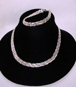 Braided Necklace & Bracelet Set Vintage 925 Sterling Silver Italy - Picture 1 of 5