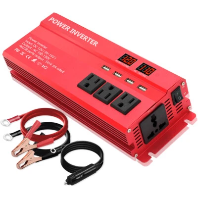 LVYUAN 1000W 2000W Power Inverter 12V to 110V Car Converter 4USB 4AC 2LED Display Red