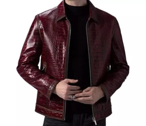 Men Premium Crocodile genuine leather embossed alligator print classic Jacket - Picture 1 of 5