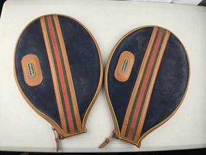 Paar 2 Vintage Carlo Montini Tennisschläger Bezug selten blau rot Samtfutter - Bild 1 von 17