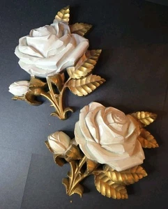 Vintage Mid Century Paar HOMCO weiße Rosen mit goldenen Blättern Wandbehang Deko - Bild 1 von 10