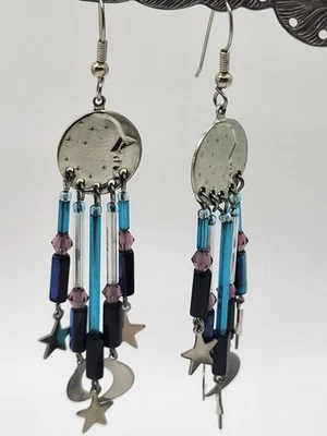 Celestial Blue Glass Beaded Moon Stars Pierced Dangle Earrings Silver Tone 4" - Image 1 of 4